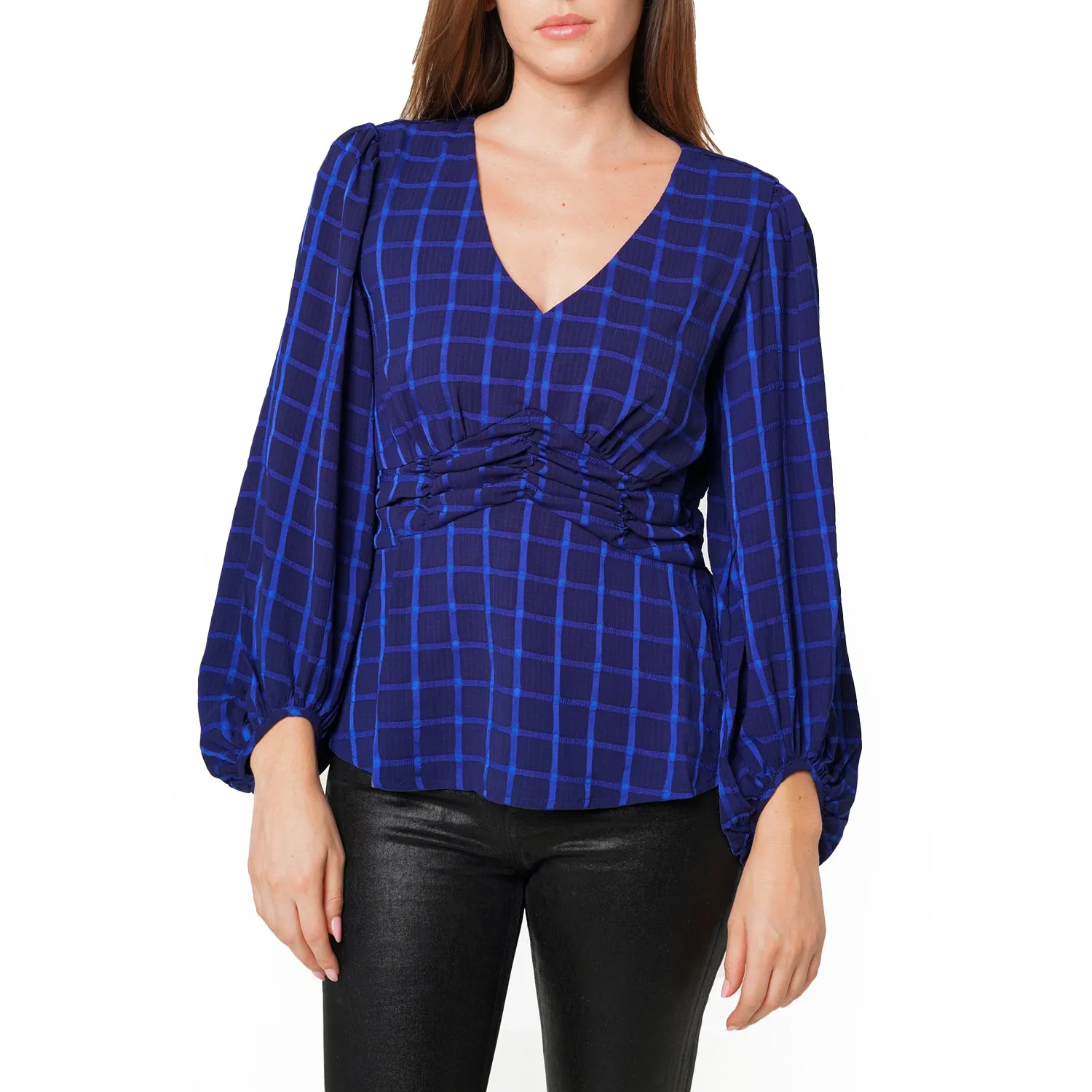 V-neck Checkered Blouse in Night Plaid