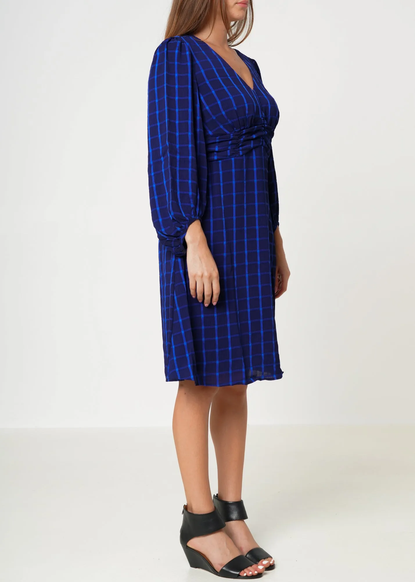 V-neck Checkered Dress in Night Plaid