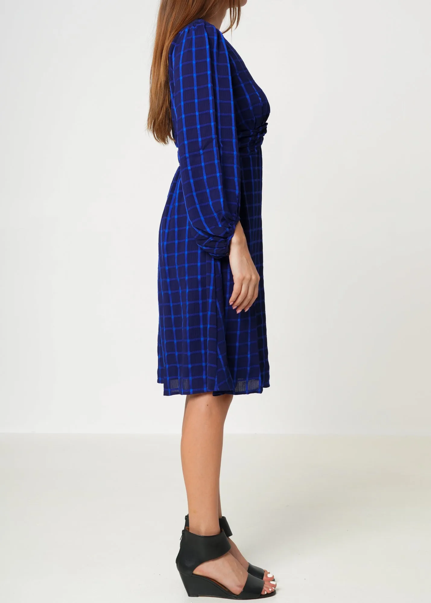 V-neck Checkered Dress in Night Plaid