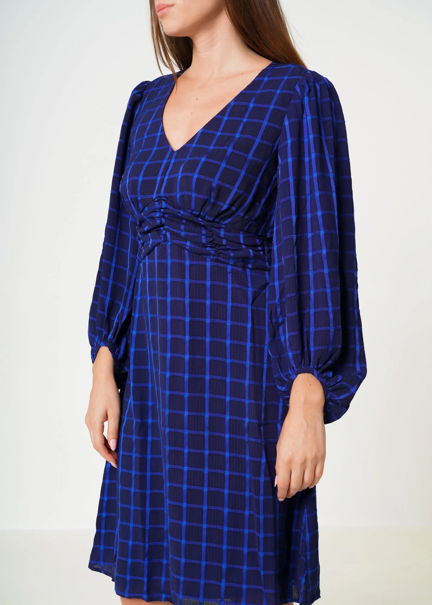 V-neck Checkered Dress in Night Plaid