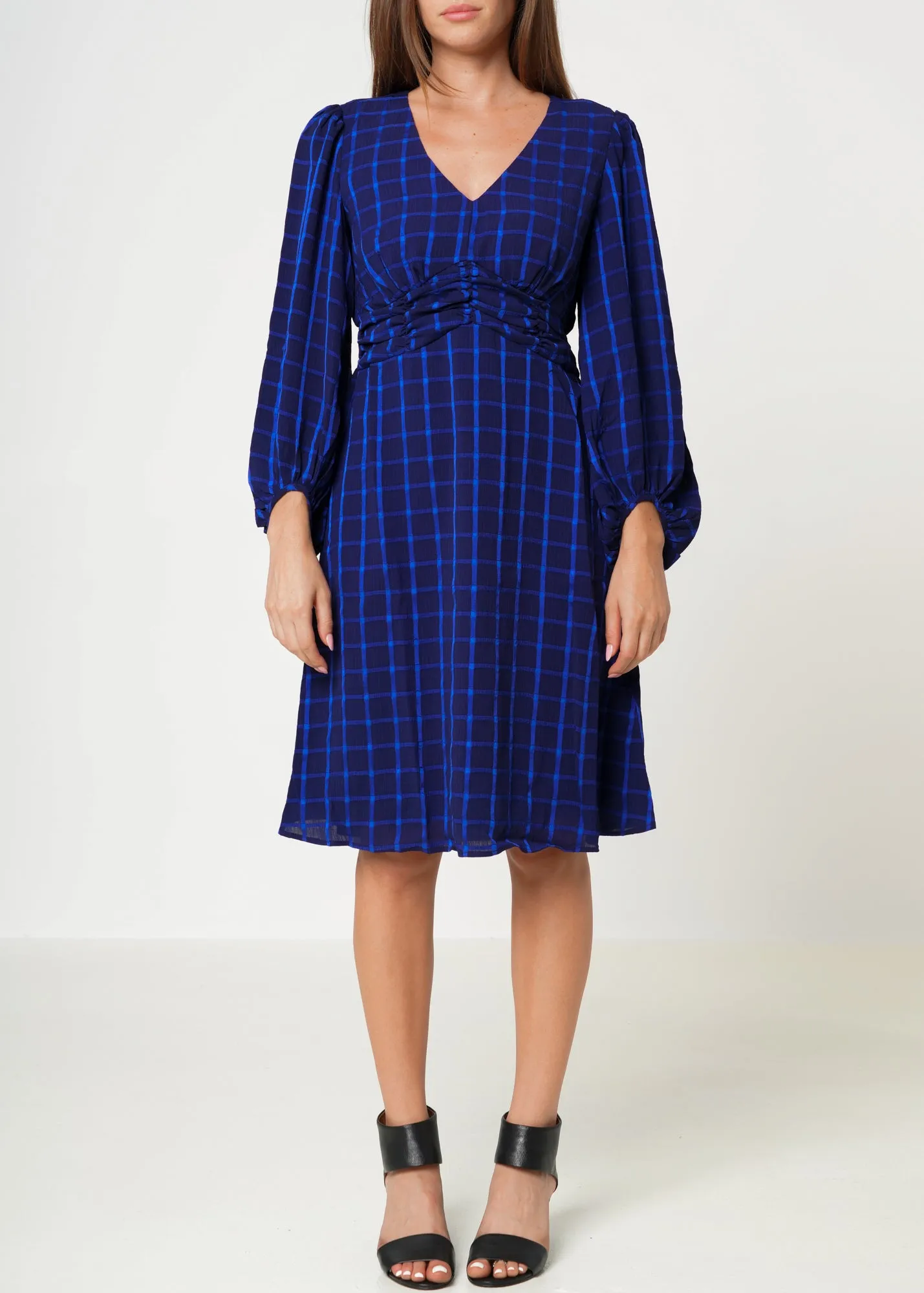 V-neck Checkered Dress in Night Plaid