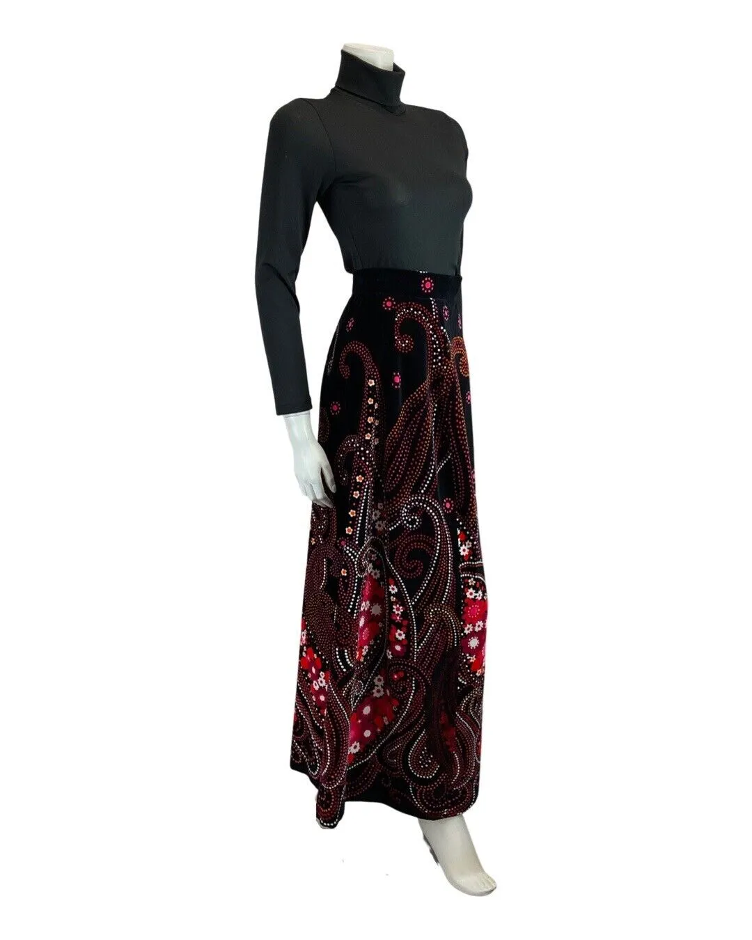 VINTAGE 60s 70s BLACK RED WHITE DOTTY DAISY PAISLEY VELVET MAXI SKIRT 4