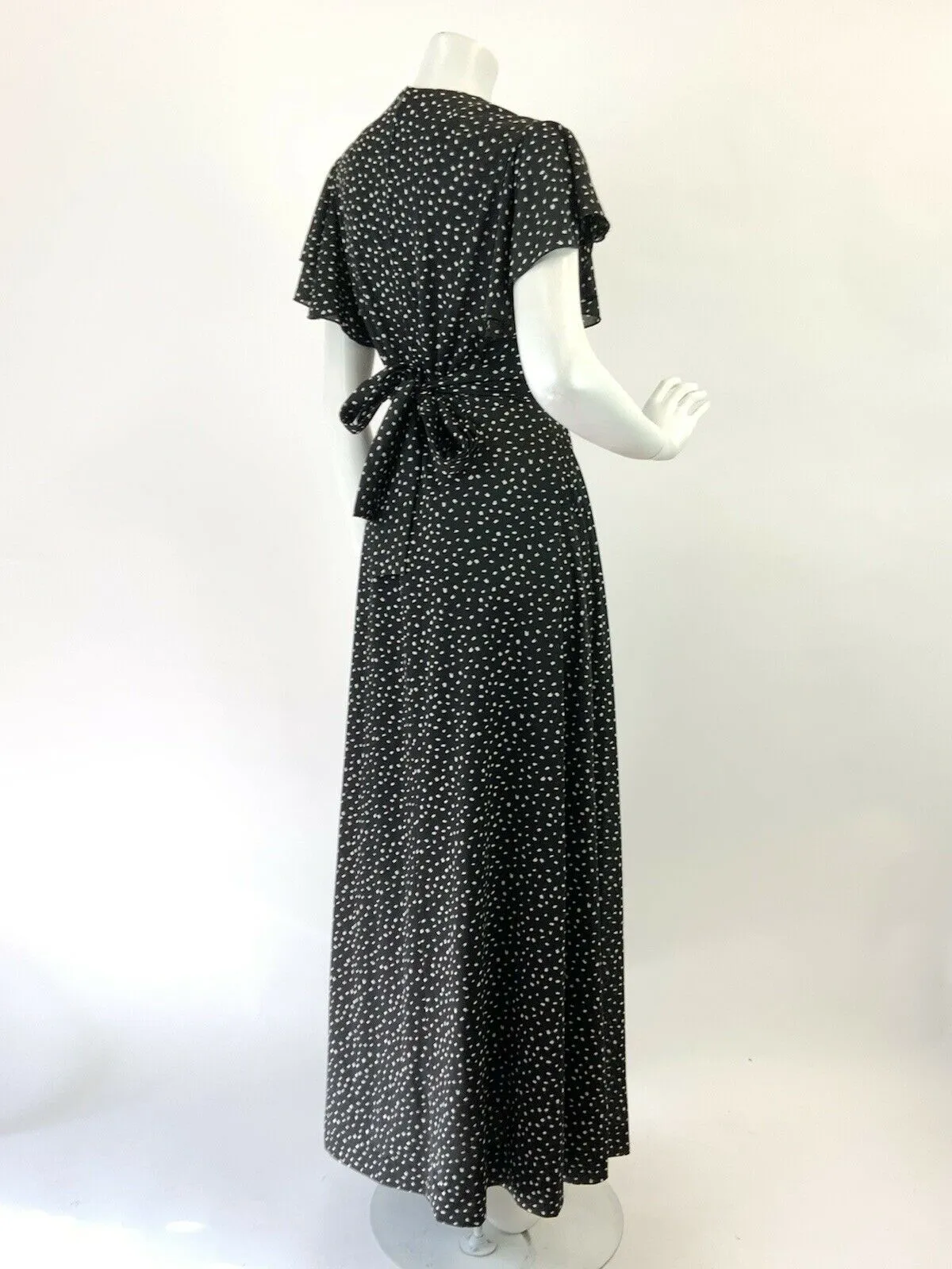 VINTAGE 60s 70s BLACK WHITE POLKA-DOT DASH RUFFLED FLARED SUMMER MAXI DRESS 8 10