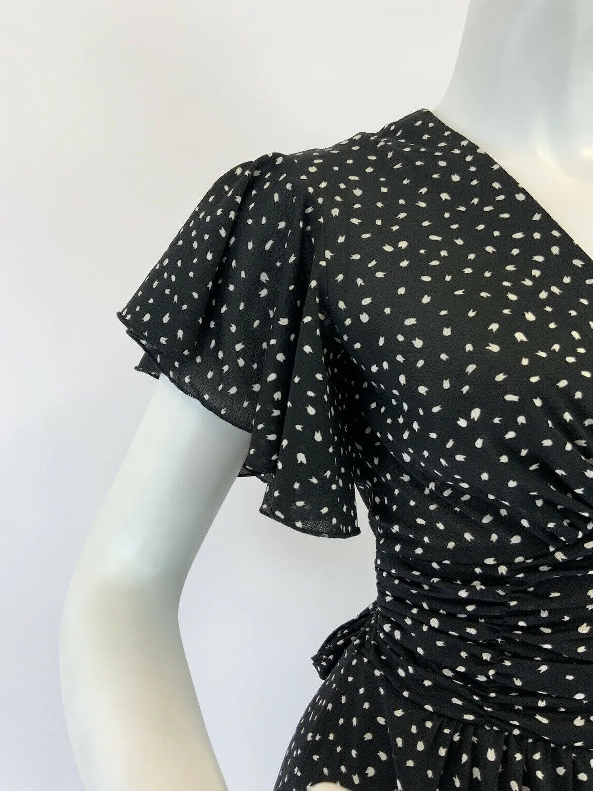 VINTAGE 60s 70s BLACK WHITE POLKA-DOT DASH RUFFLED FLARED SUMMER MAXI DRESS 8 10