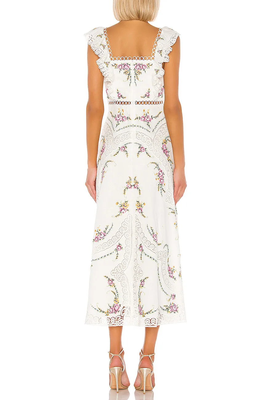 White Allia Cross Stitch Floral Print Midi Dress