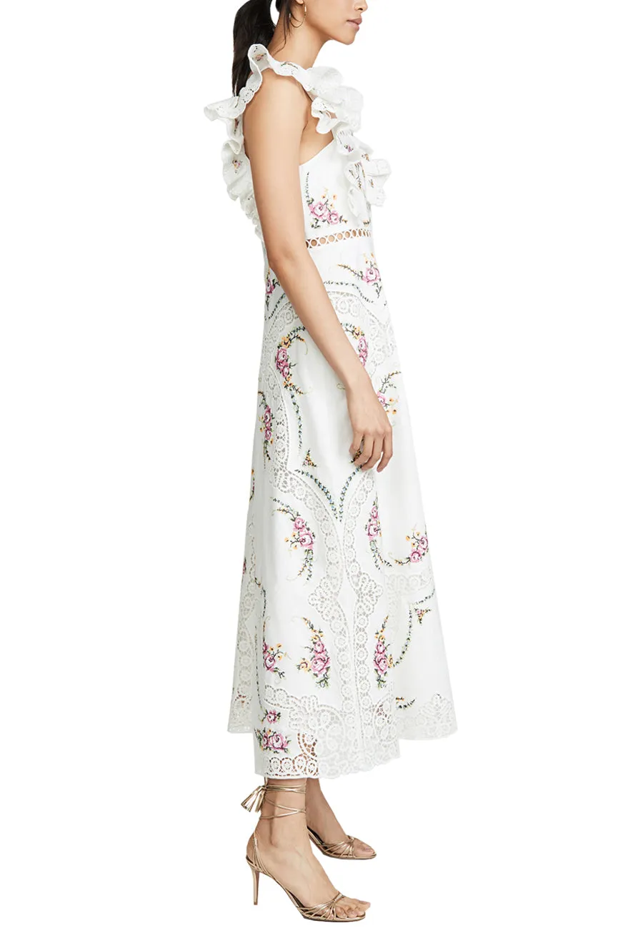 White Allia Cross Stitch Floral Print Midi Dress