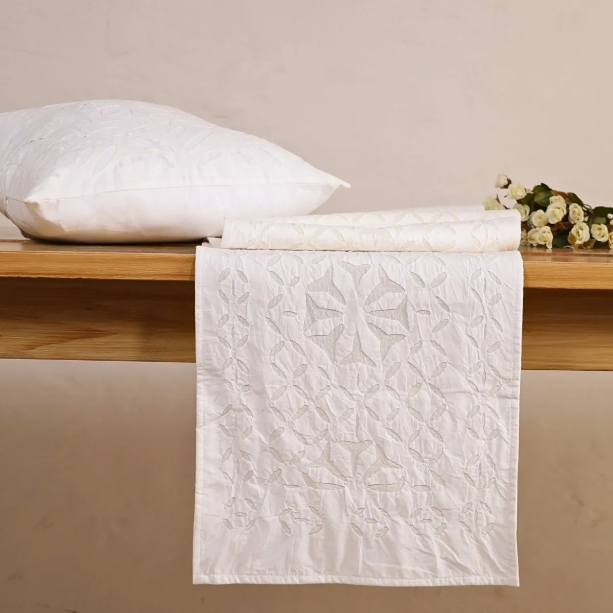 White Applique Cushion Cover & Table Runner Gifting Combo | Rakshabandhan Gift | Handmade In India