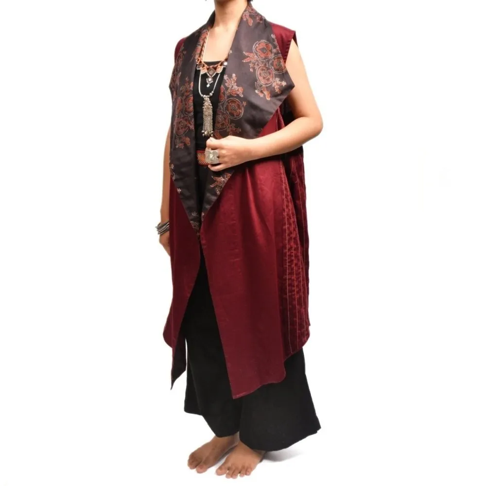 Wine Color Handprinted Ajrakh Shrug