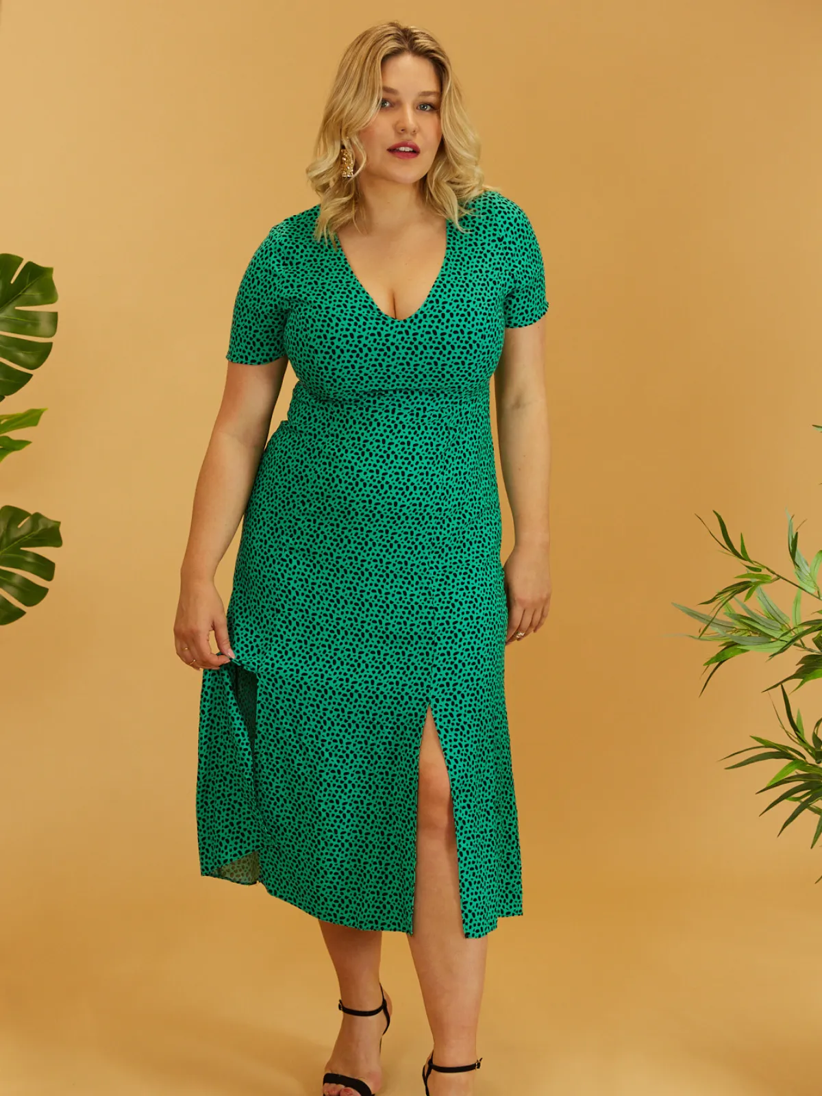 Winnie V Neck Midi Dress /  Green Animal Print