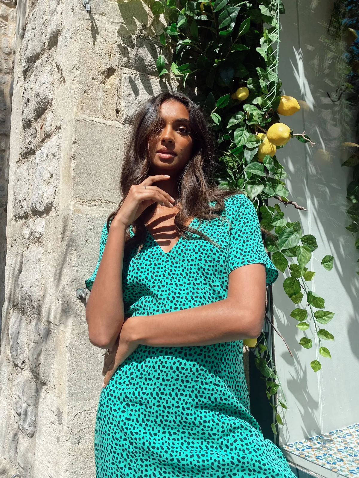 Winnie V Neck Midi Dress /  Green Animal Print