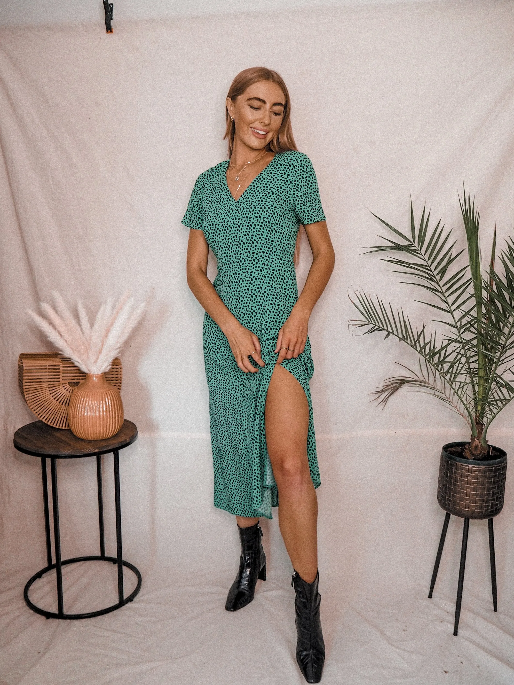 Winnie V Neck Midi Dress /  Green Animal Print