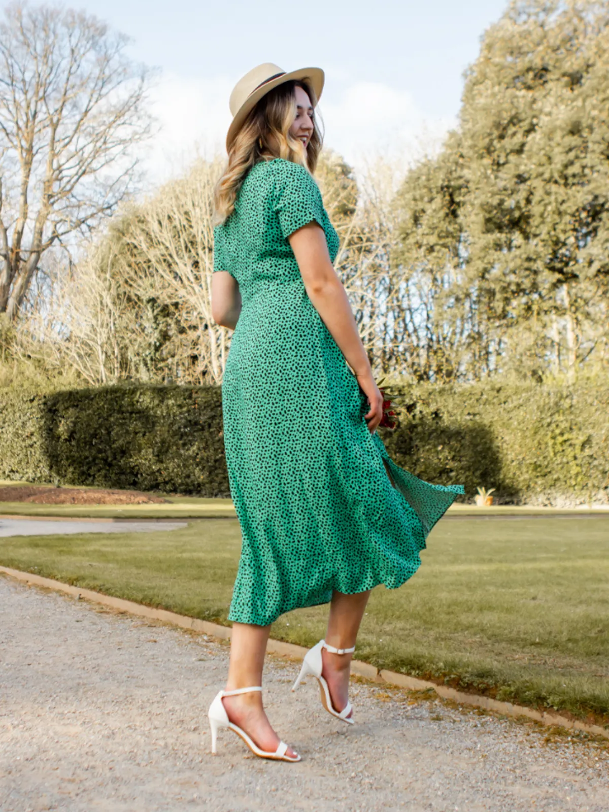 Winnie V Neck Midi Dress /  Green Animal Print