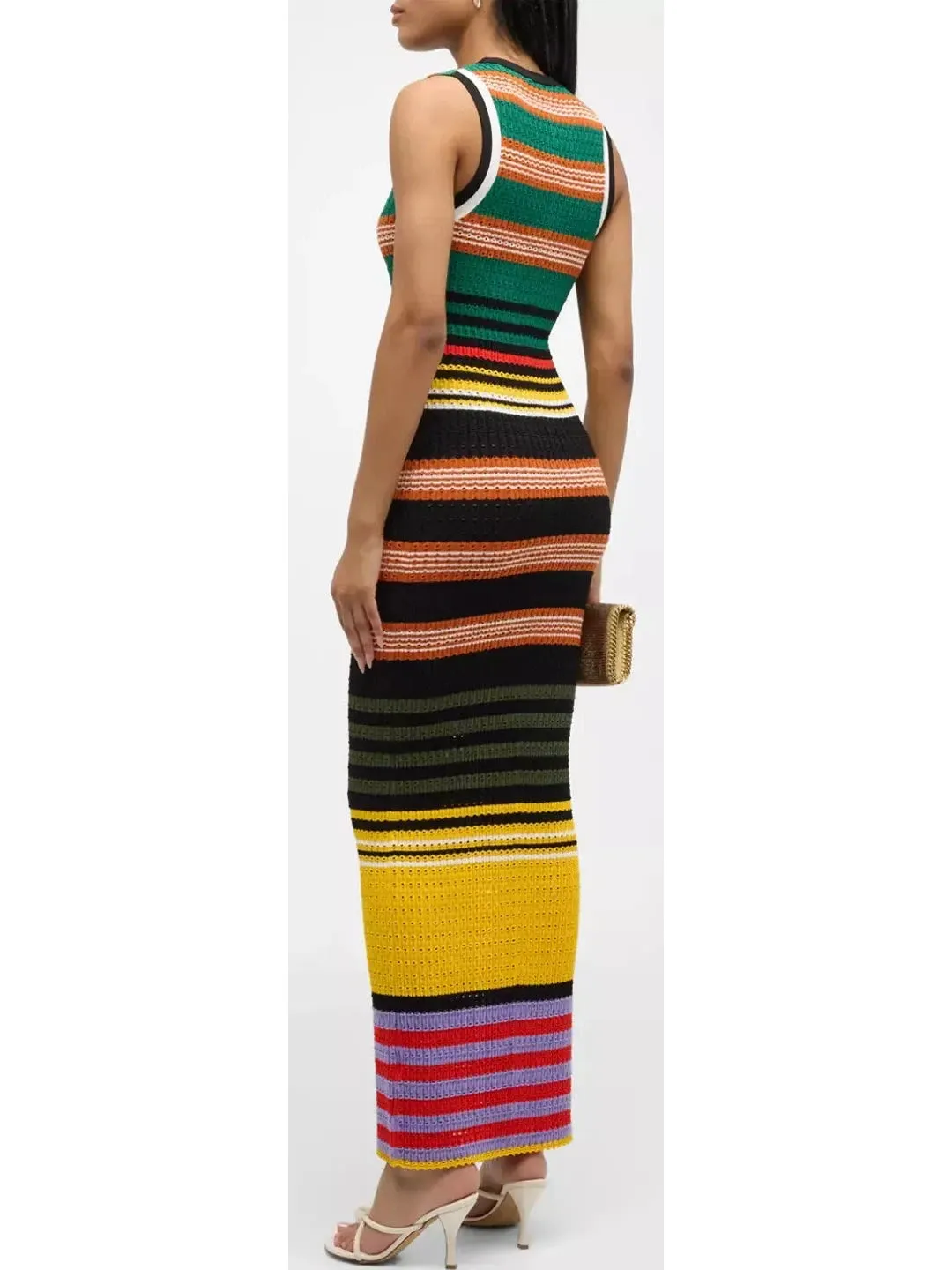 Women’s Bright Multicolored Striped Pointelle-Knit Sleeveless Maxi Dress