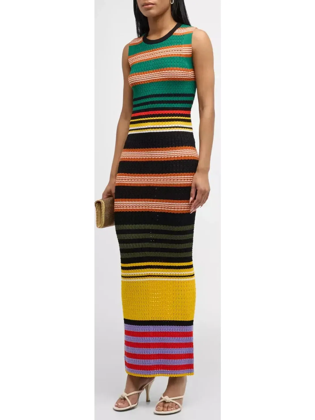 Women’s Bright Multicolored Striped Pointelle-Knit Sleeveless Maxi Dress