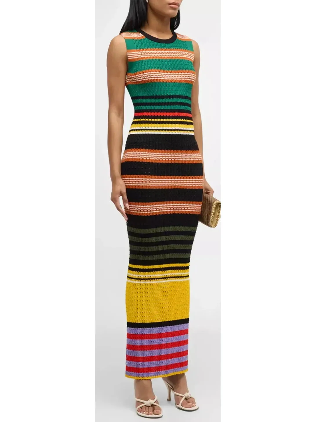 Women’s Bright Multicolored Striped Pointelle-Knit Sleeveless Maxi Dress