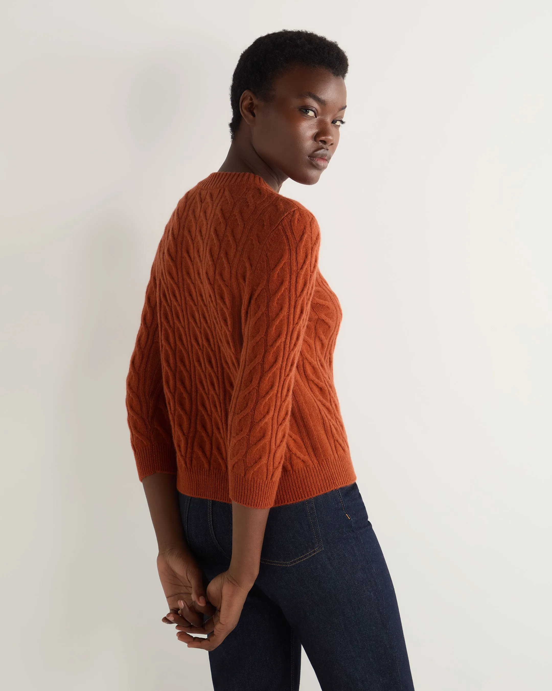 Women's Emilia Cable Round Neck Cashmere Jumper Rust Orange