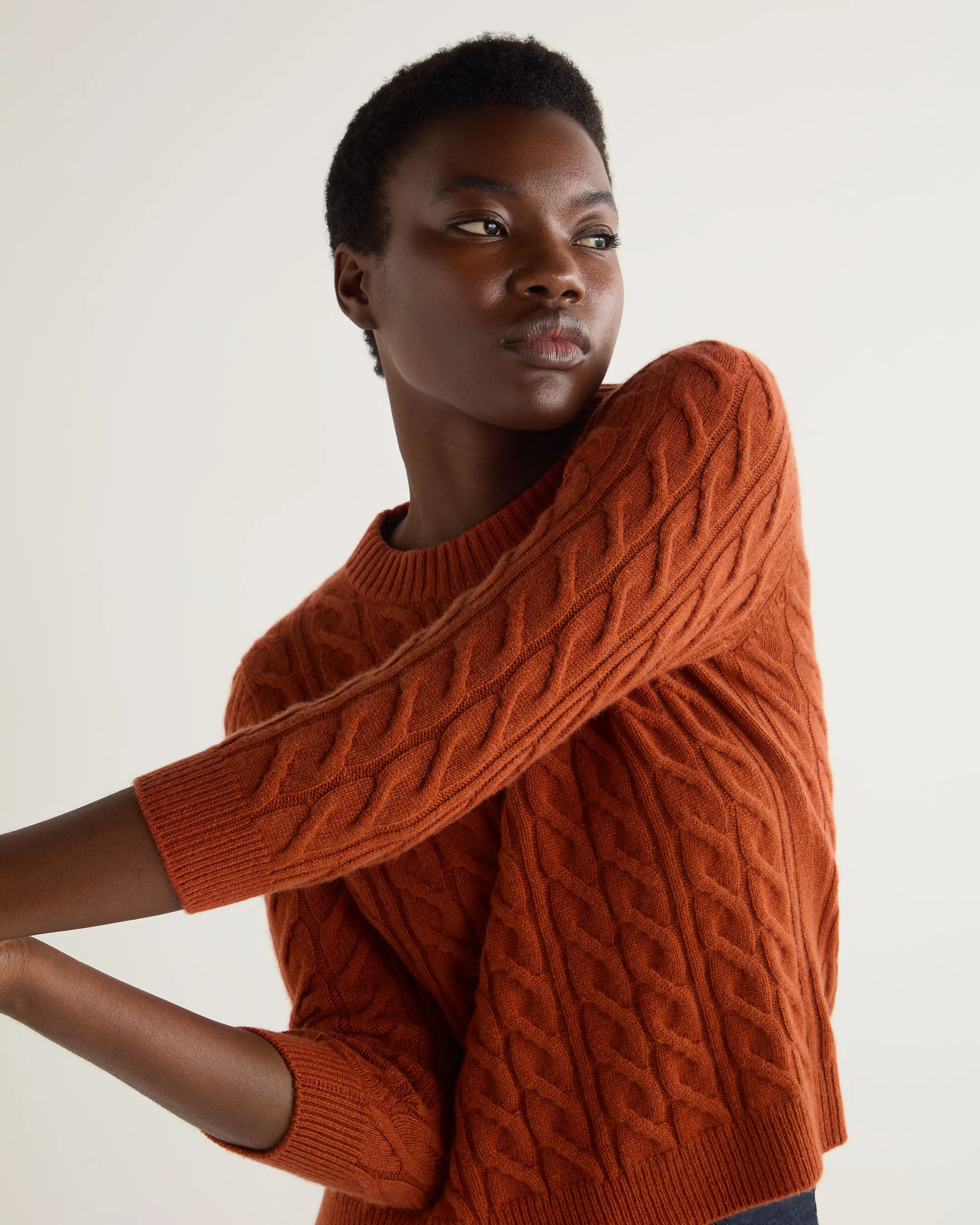 Women's Emilia Cable Round Neck Cashmere Jumper Rust Orange