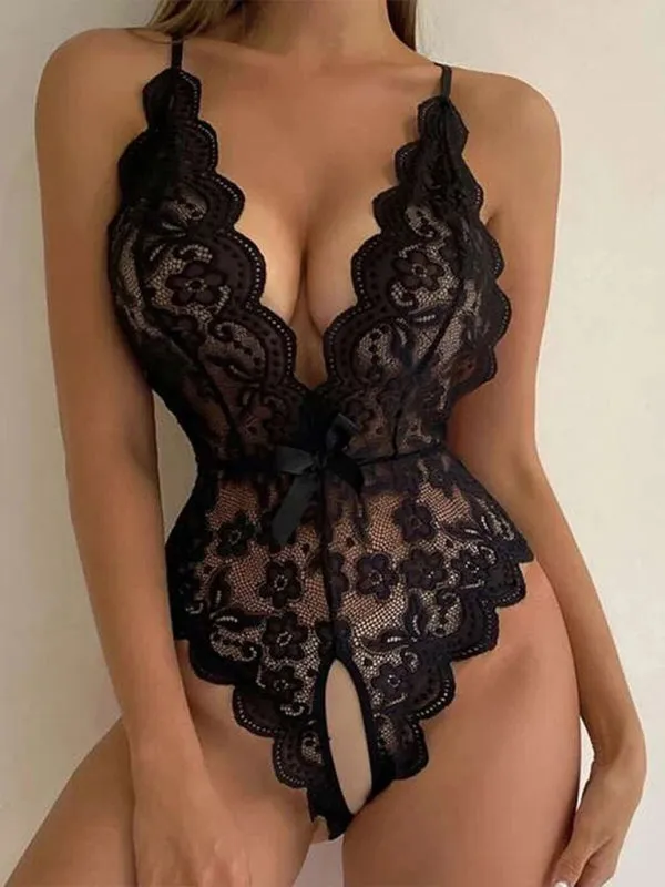 Women's Halter Neck Cross Over Strap Sexy Backless Lace Bodysuit