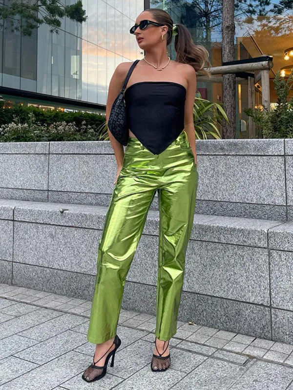 Women's High Waist Shiny PU Leather Straight Leg Trousers