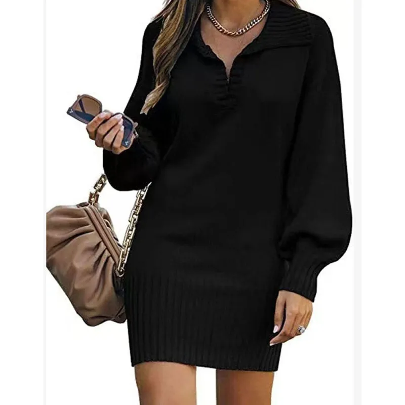 Women's Lantern Sleeve Short Length V-Neck Knit Jumper Dress