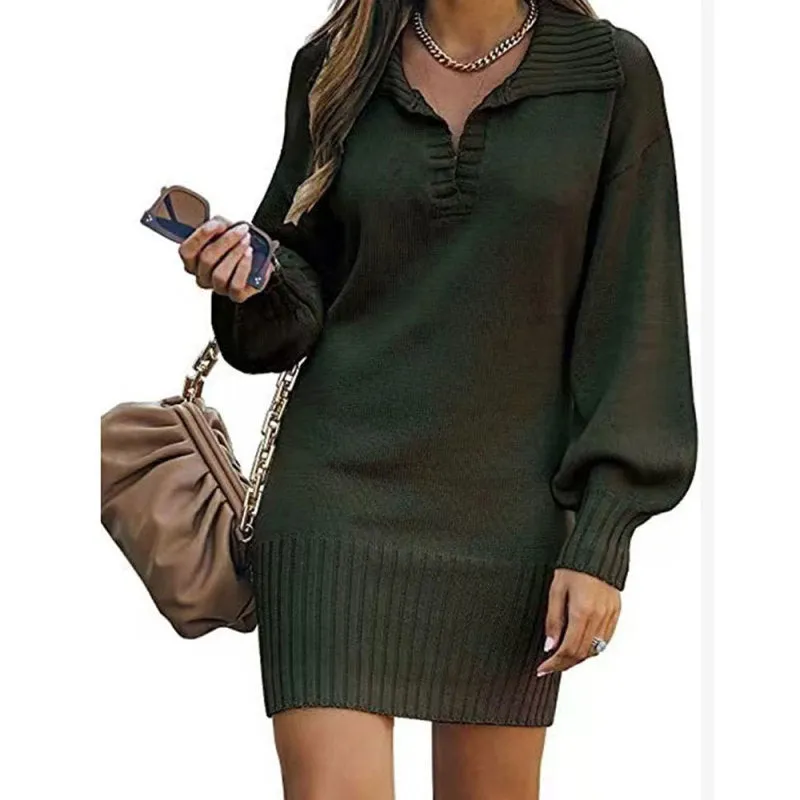 Women's Lantern Sleeve Short Length V-Neck Knit Jumper Dress