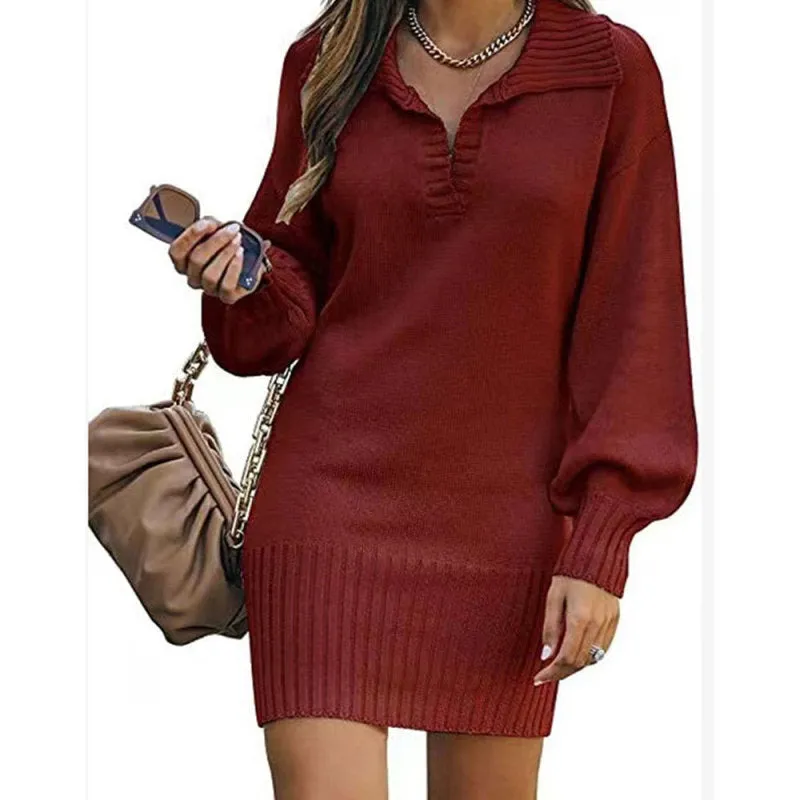 Women's Lantern Sleeve Short Length V-Neck Knit Jumper Dress