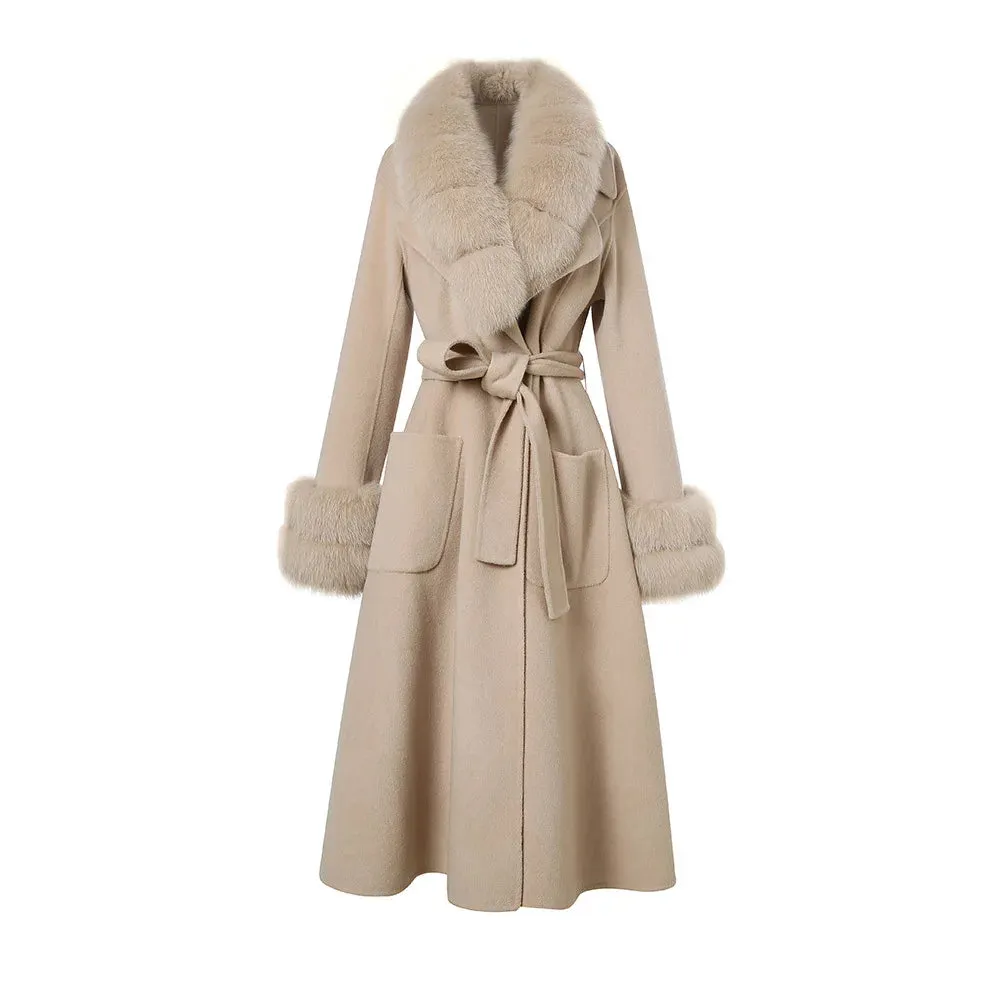 Women's Luxury Long Wool Coat with Detachable Fox Fur Collar – Winter & Autumn Trench Outerwear