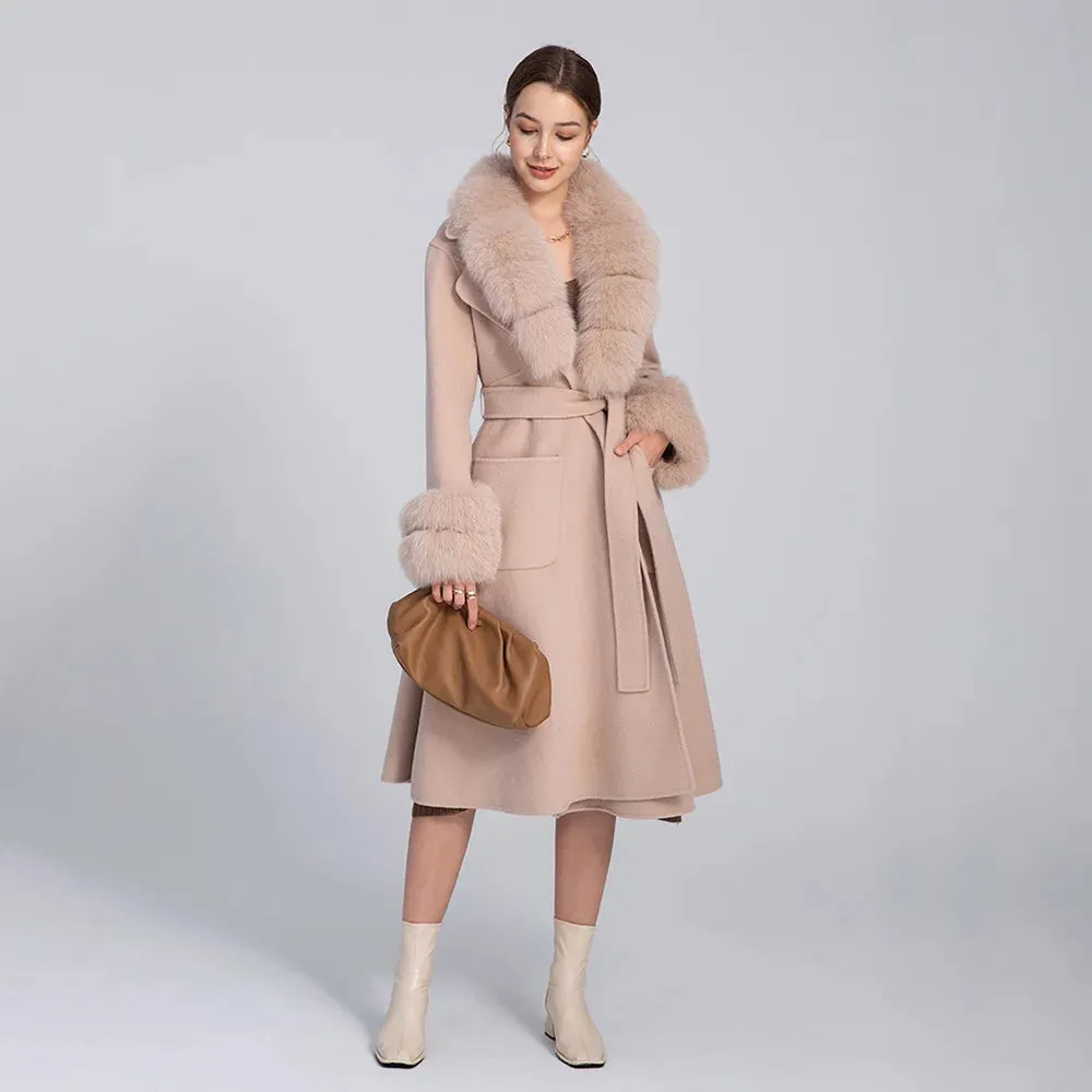 Women's Luxury Long Wool Coat with Detachable Fox Fur Collar – Winter & Autumn Trench Outerwear