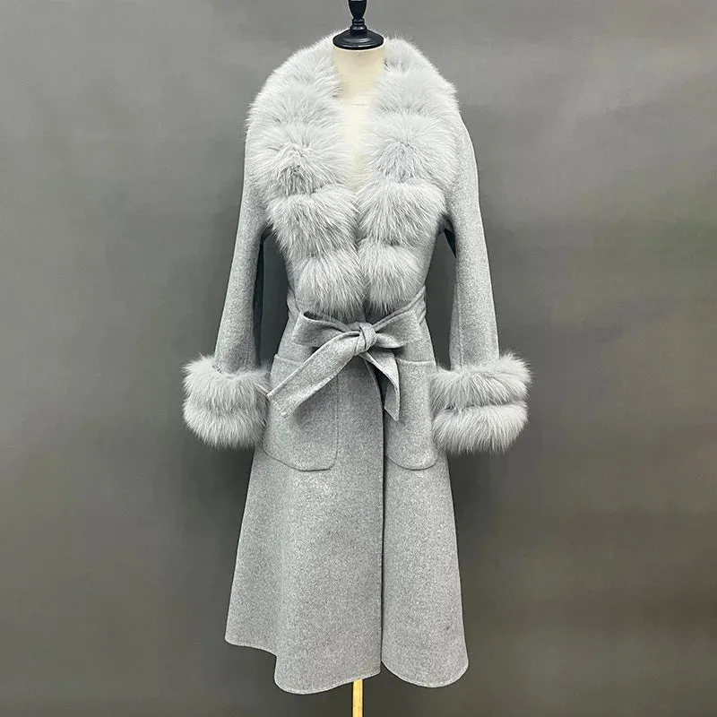 Women's Luxury Long Wool Coat with Detachable Fox Fur Collar – Winter & Autumn Trench Outerwear