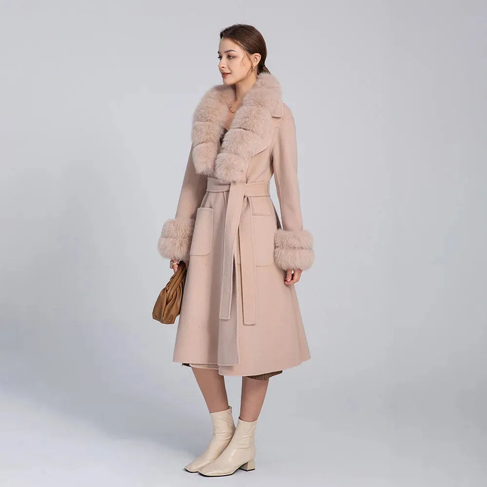 Women's Luxury Long Wool Coat with Detachable Fox Fur Collar – Winter & Autumn Trench Outerwear