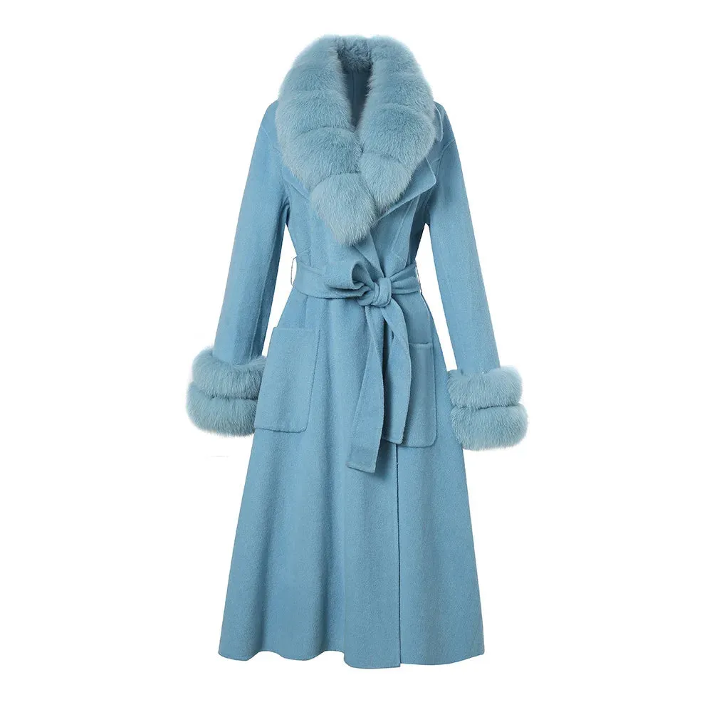 Women's Luxury Long Wool Coat with Detachable Fox Fur Collar – Winter & Autumn Trench Outerwear