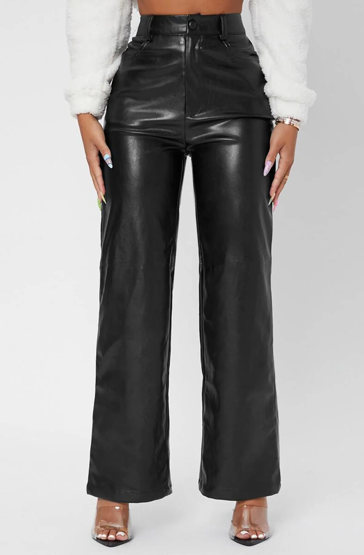 Xenia PU Faux Leather Wide Leg Trousers-Black