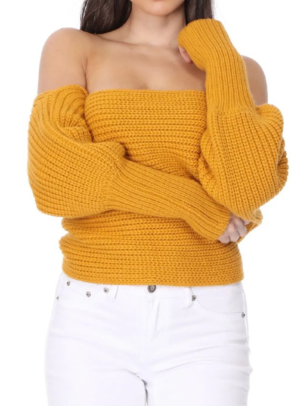 YEMAK Sexy Off The Shoulder Long Sleeve Wrap Sweater Shawl With Sleeve KC003