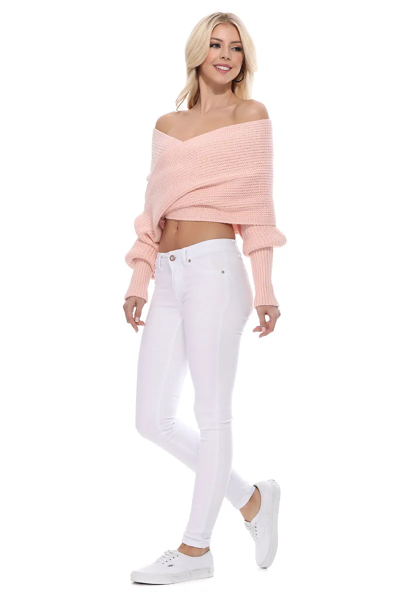 YEMAK Sexy Off The Shoulder Long Sleeve Wrap Sweater Shawl With Sleeve KC003