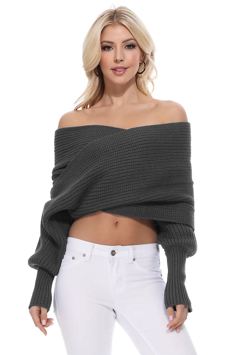 YEMAK Sexy Off The Shoulder Long Sleeve Wrap Sweater Shawl With Sleeve KC003