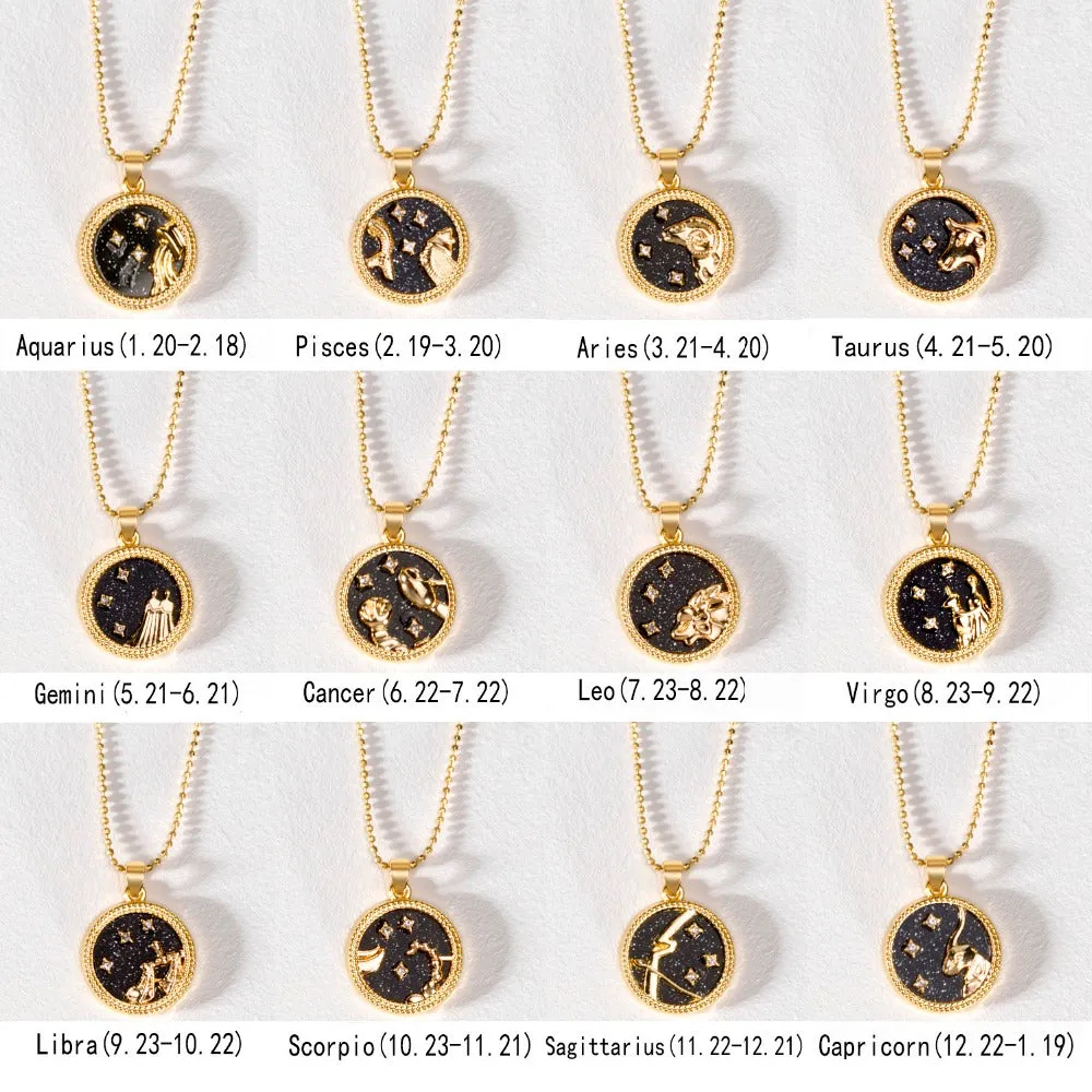 Zodiac Sign Pendant Round - Black & Gold