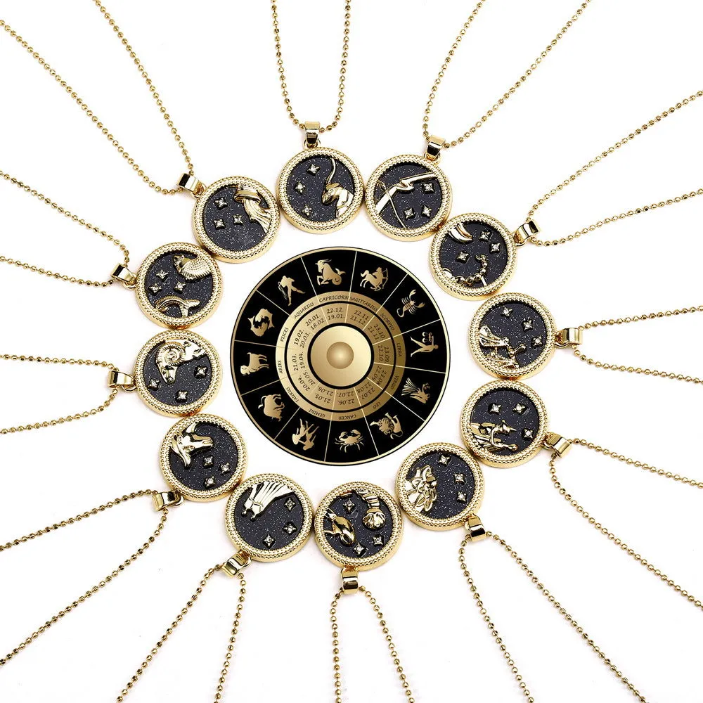 Zodiac Sign Pendant Round - Black & Gold